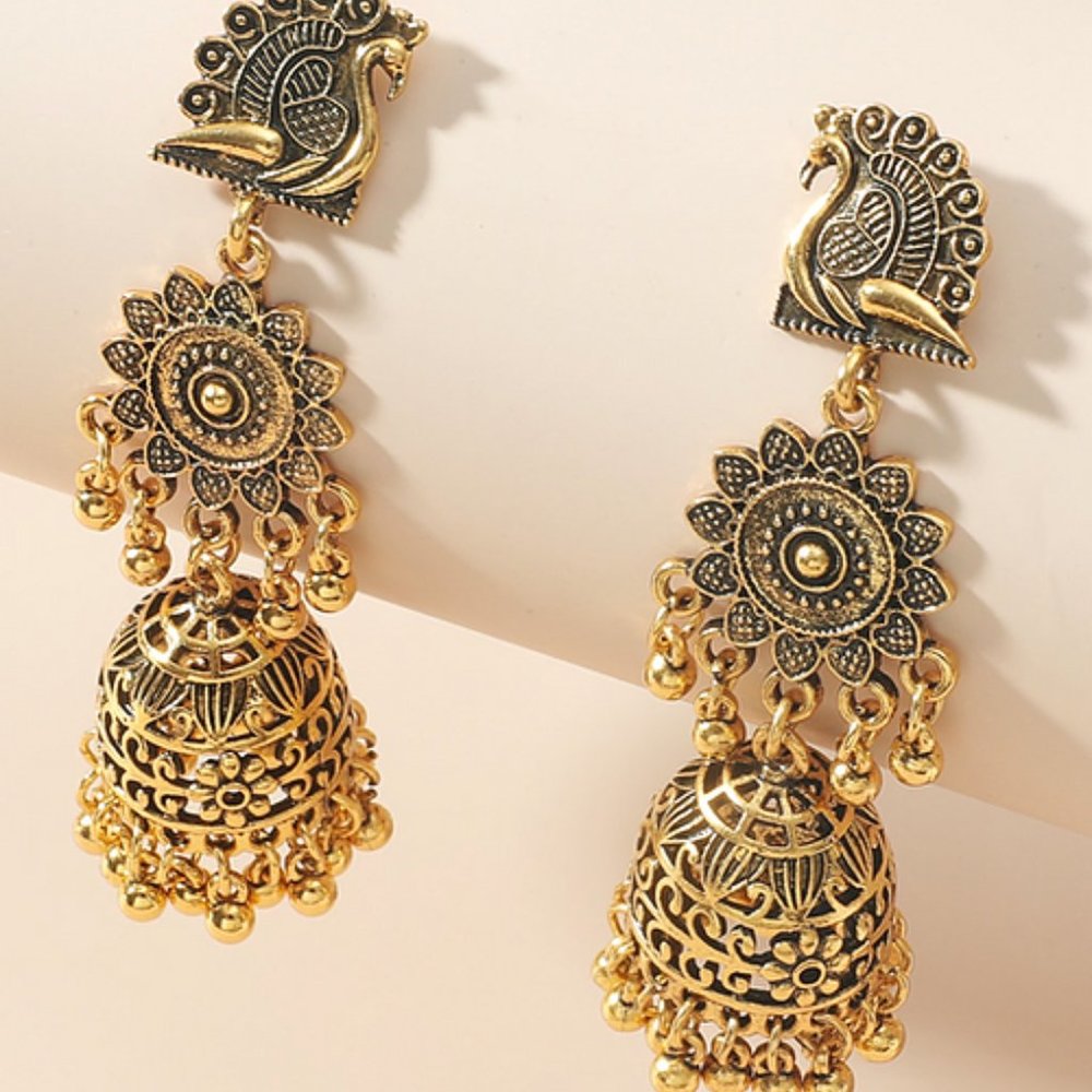 Gold India Style Peacock Dangle Earrings - Picture 3 of 3